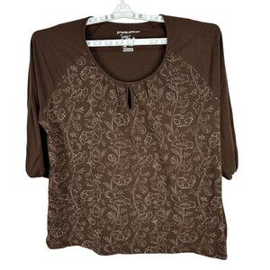 JMS Womens Plus Size 2X Brown Floral Embroidered Top